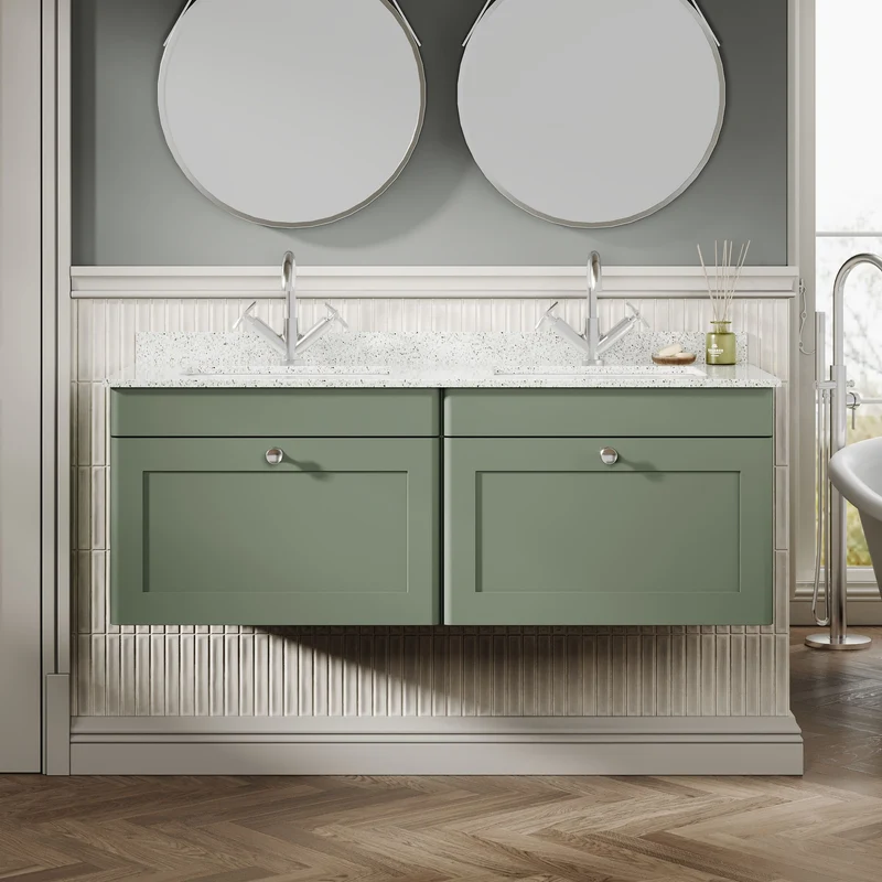 Classique 1200mm Wall Hung Vanity Unit With 2 Drawers With White Marble Worktop With 2 Square Basins - Satin Green