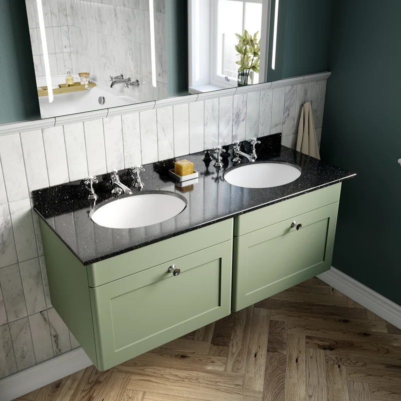 Classique 1200mm Wall Hung Vanity Unit With 2 Drawers With White Marble Worktop With 2 Square Basins - Satin Green