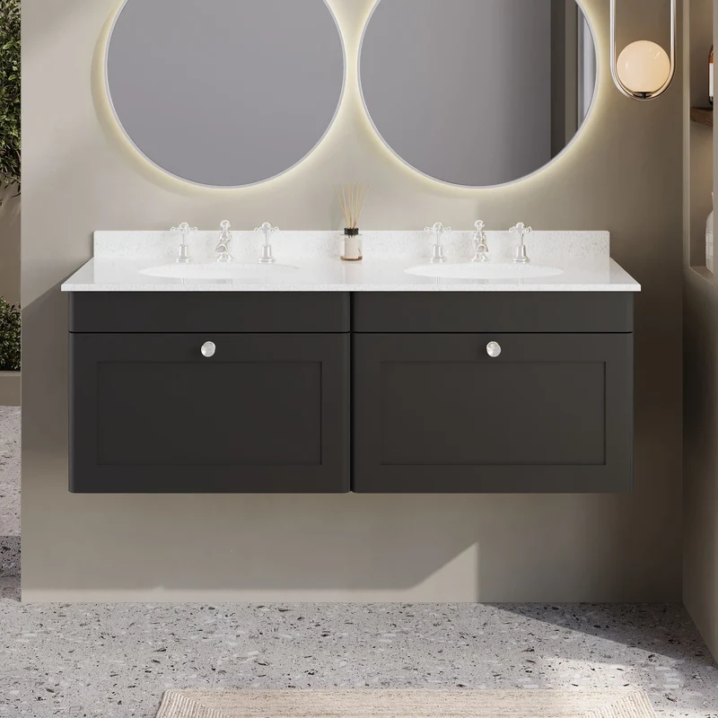 Classique 1200mm Wall Hung Vanity Unit With 2 Drawers With White Marble Worktop With 2 Round Basins - Satin Soft Black
