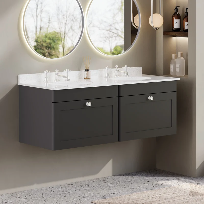 Classique 1200mm Wall Hung Vanity Unit With 2 Drawers With White Marble Worktop With 2 Round Basins - Satin Soft Black