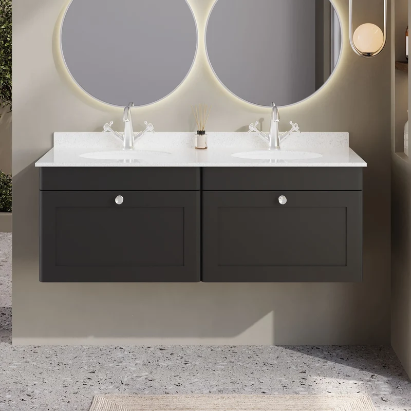 Classique 1200mm Wall Hung Vanity Unit With 2 Drawers With White Marble Worktop With 2 Round Basins - Satin Soft Black