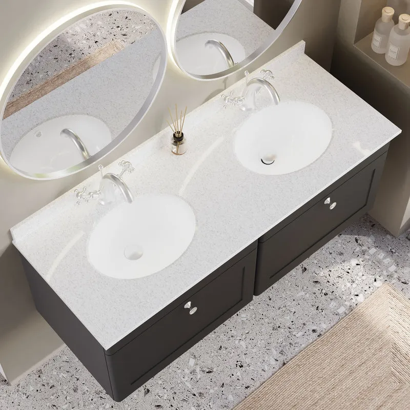 Classique 1200mm Wall Hung Vanity Unit With 2 Drawers With White Marble Worktop With 2 Round Basins - Satin Soft Black