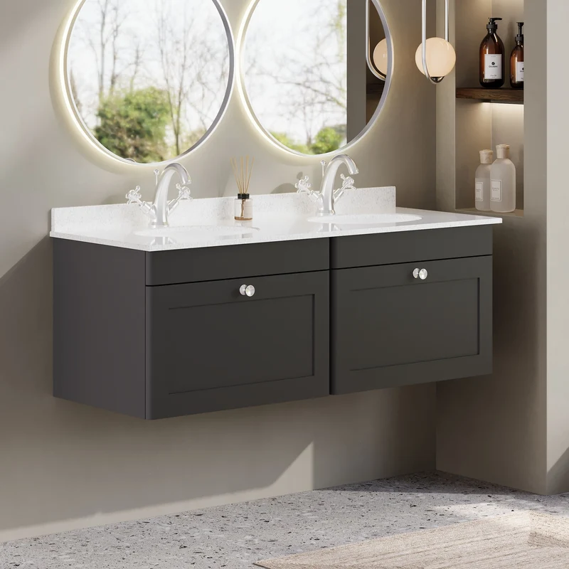 Classique 1200mm Wall Hung Vanity Unit With 2 Drawers With White Marble Worktop With 2 Round Basins - Satin Soft Black