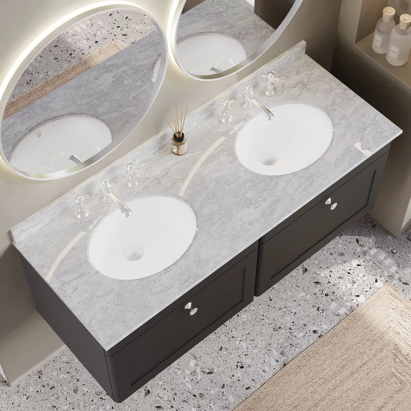 Classique 1200mm Wall Hung Vanity Unit With 2 Drawers With Grey Marble Worktop With 2 Round Basins - Satin Soft Black