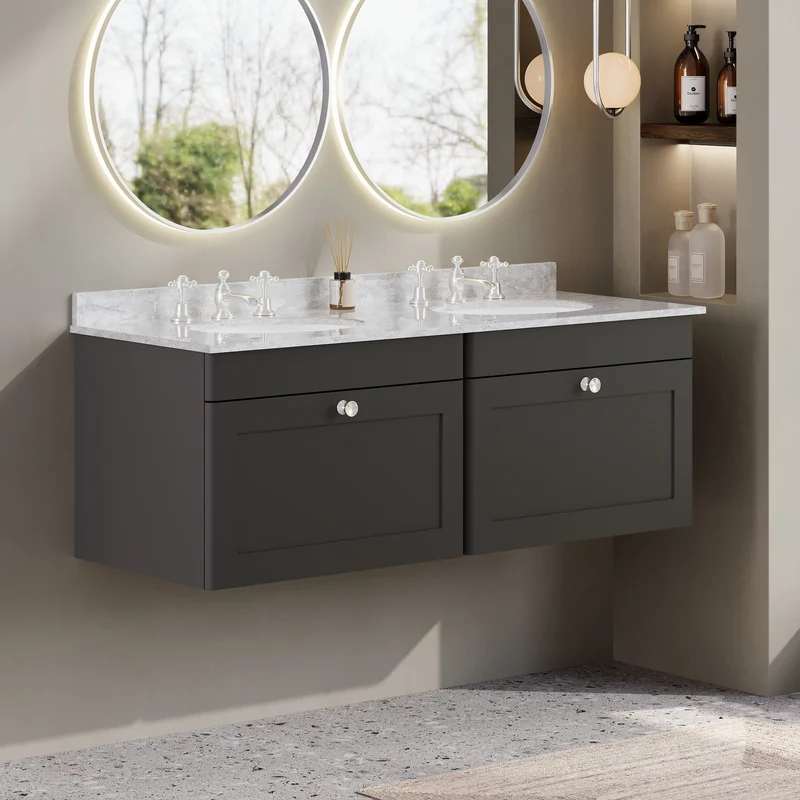 Classique 1200mm Wall Hung Vanity Unit With 2 Drawers With Grey Marble Worktop With 2 Round Basins - Satin Soft Black