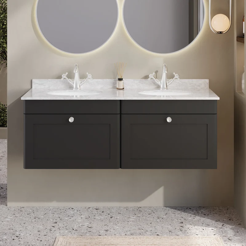 Classique 1200mm Wall Hung Vanity Unit With 2 Drawers With Grey Marble Worktop With 2 Round Basins - Satin Soft Black
