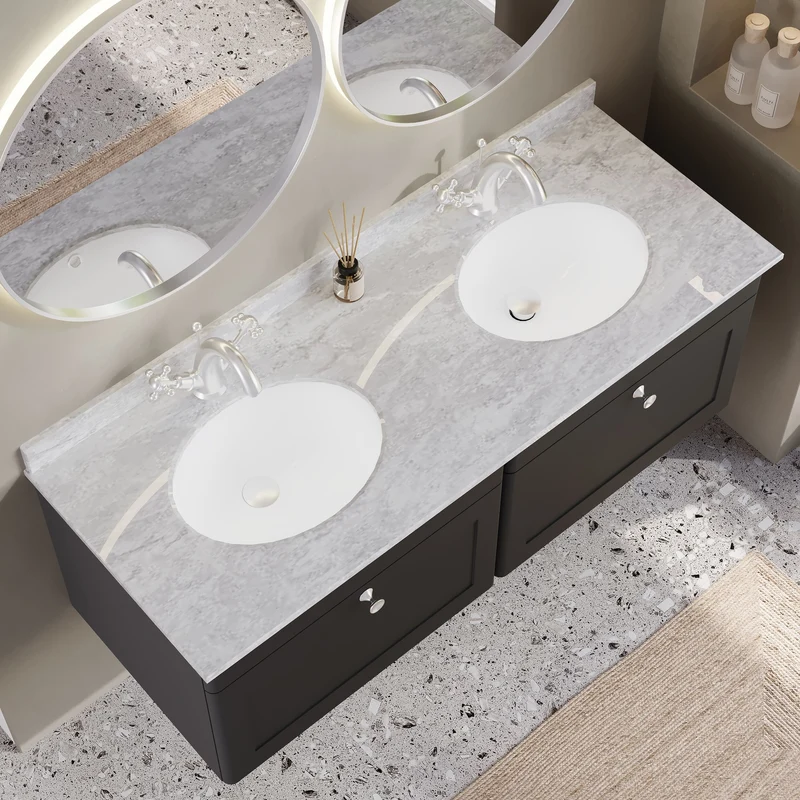 Classique 1200mm Wall Hung Vanity Unit With 2 Drawers With Grey Marble Worktop With 2 Round Basins - Satin Soft Black