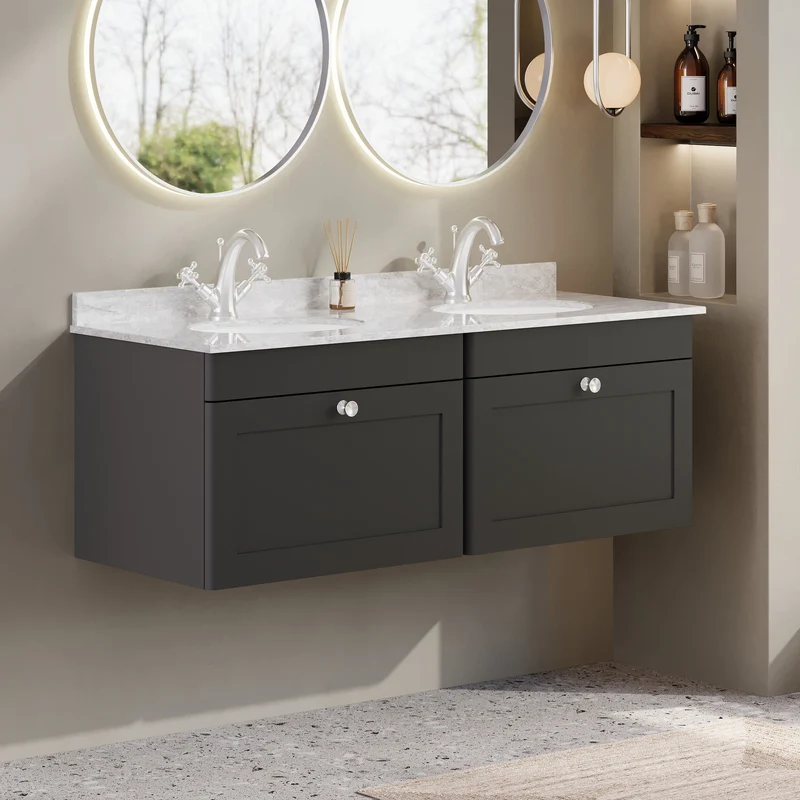 Classique 1200mm Wall Hung Vanity Unit With 2 Drawers With Grey Marble Worktop With 2 Round Basins - Satin Soft Black