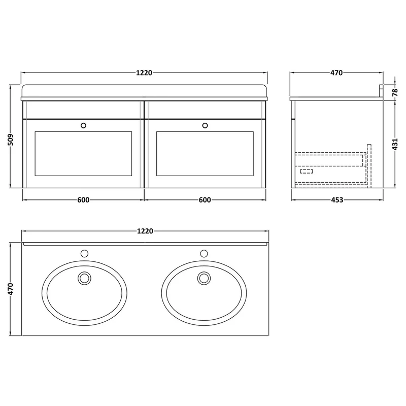 Classique 1200mm Wall Hung Vanity Unit With 2 Drawers With Grey Marble Worktop With 2 Round Basins - Satin Soft Black
