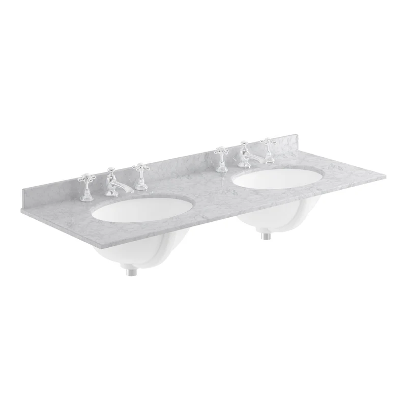 Classique 1200mm Wall Hung Vanity Unit With 2 Drawers With Grey Marble Worktop With 2 Round Basins - Satin Soft Black