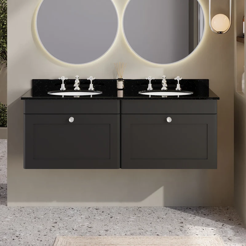 Classique 1200mm Wall Hung Vanity Unit With 2 Drawers With Black Marble Worktop With 2 Round Basins - Satin Soft Black