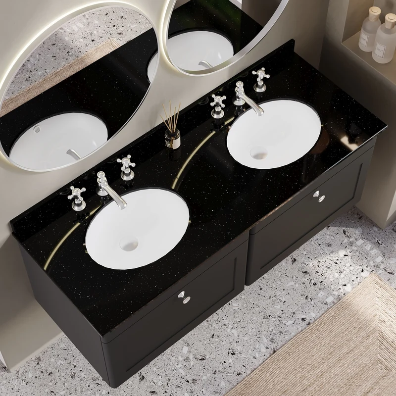 Classique 1200mm Wall Hung Vanity Unit With 2 Drawers With Black Marble Worktop With 2 Round Basins - Satin Soft Black