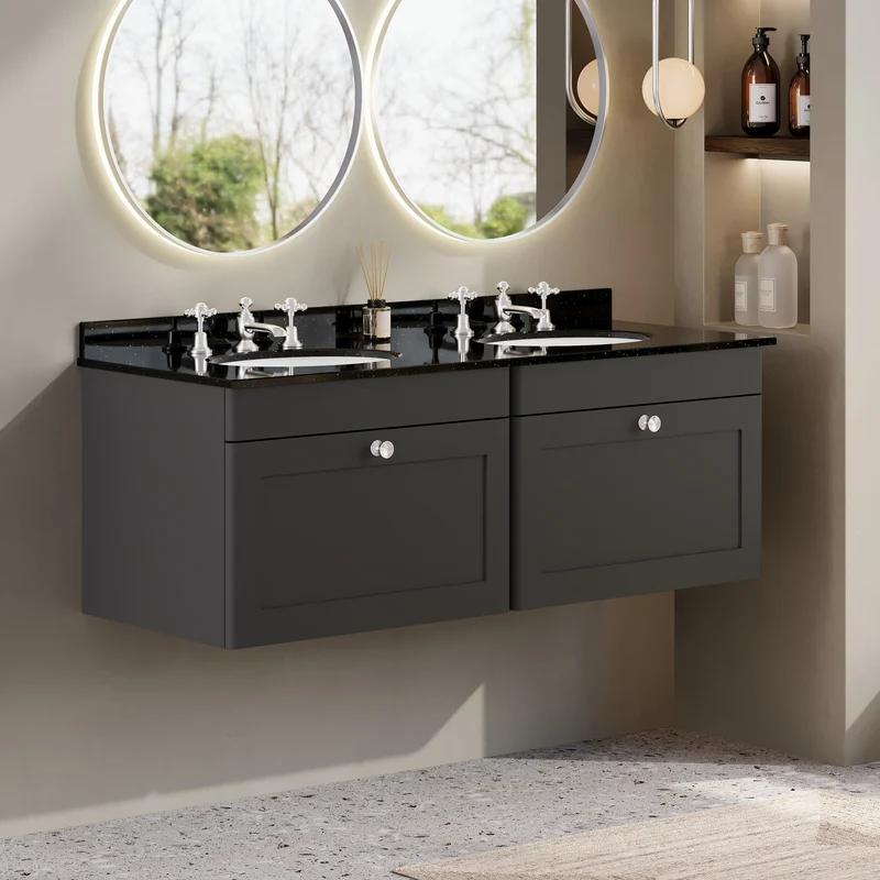 Classique 1200mm Wall Hung Vanity Unit With 2 Drawers With Black Marble Worktop With 2 Round Basins - Satin Soft Black
