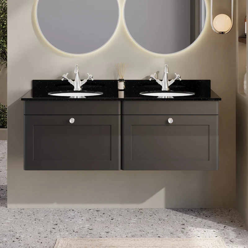Classique 1200mm Wall Hung Vanity Unit With 2 Drawers With Black Marble Worktop With 2 Round Basins - Satin Soft Black