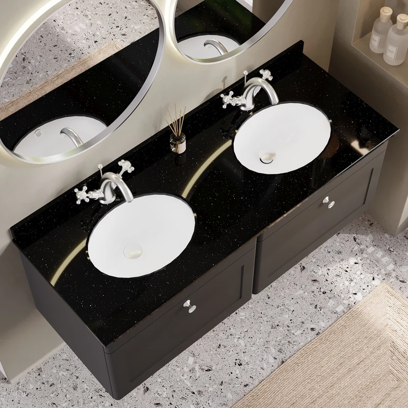 Classique 1200mm Wall Hung Vanity Unit With 2 Drawers With Black Marble Worktop With 2 Round Basins - Satin Soft Black
