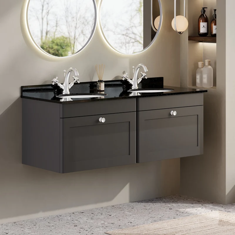Classique 1200mm Wall Hung Vanity Unit With 2 Drawers With Black Marble Worktop With 2 Round Basins - Satin Soft Black