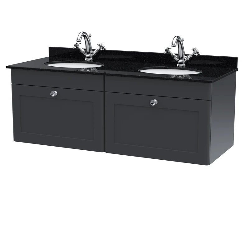 Classique 1200mm Wall Hung Vanity Unit With 2 Drawers With Black Marble Worktop With 2 Round Basins - Satin Soft Black