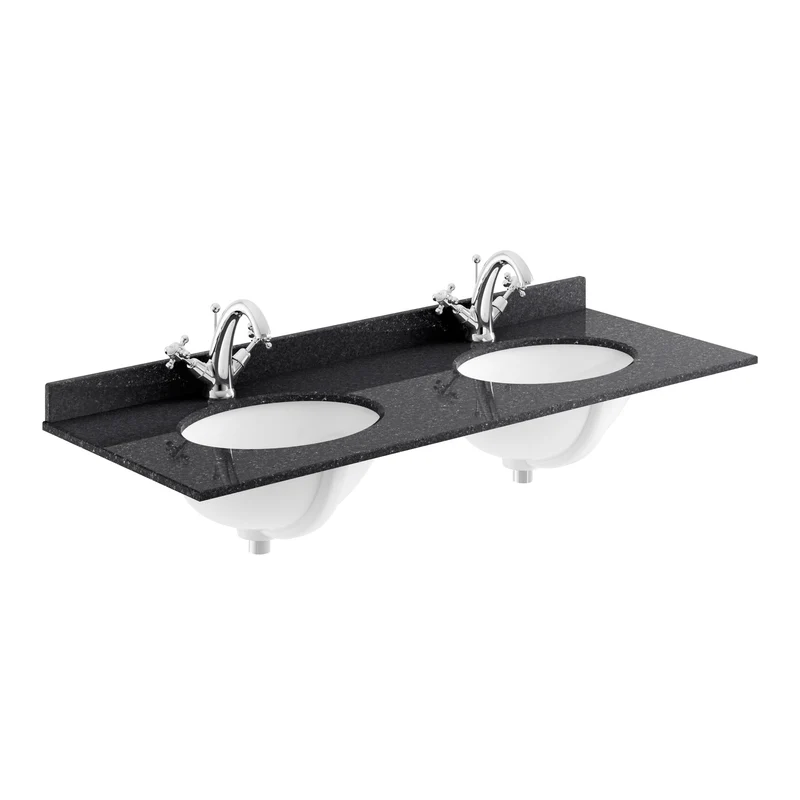 Classique 1200mm Wall Hung Vanity Unit With 2 Drawers With Black Marble Worktop With 2 Round Basins - Satin Soft Black