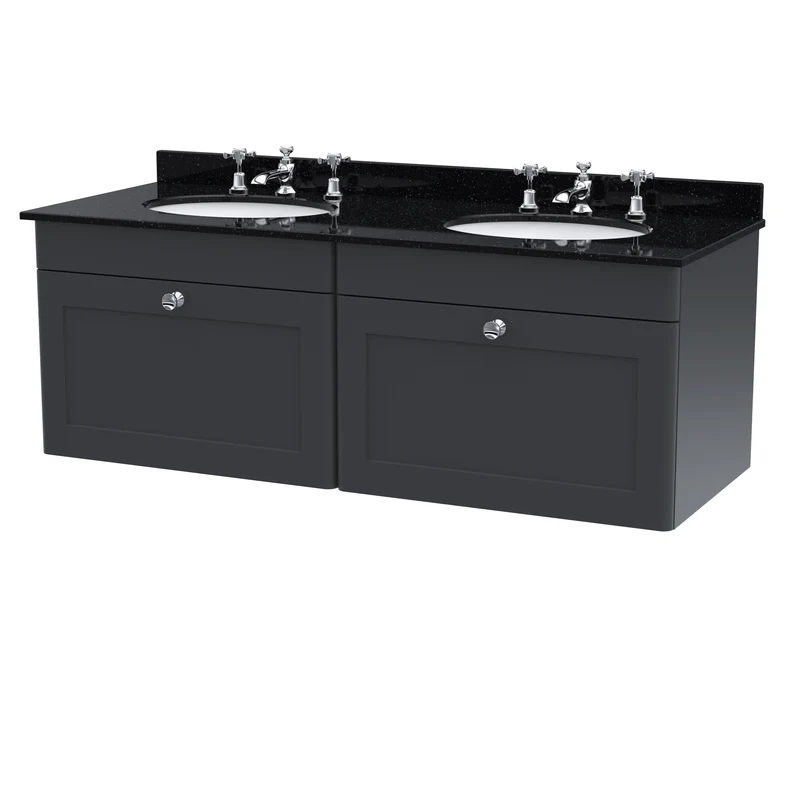 Classique 1200mm Wall Hung Vanity Unit With 2 Drawers With Black Marble Worktop With 2 Round Basins - Satin Soft Black