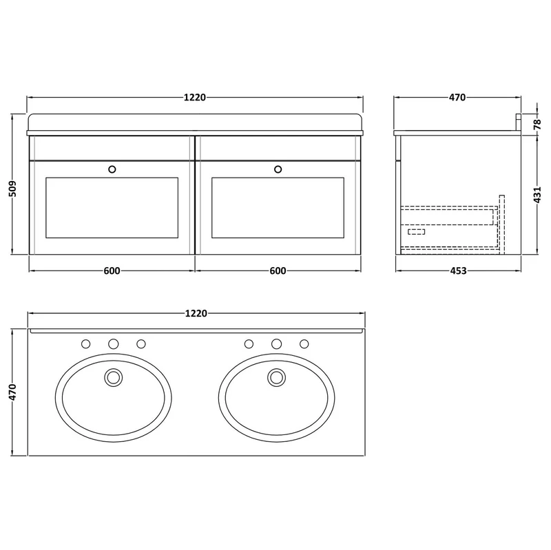 Classique 1200mm Wall Hung Vanity Unit With 2 Drawers With Black Marble Worktop With 2 Round Basins - Satin Soft Black