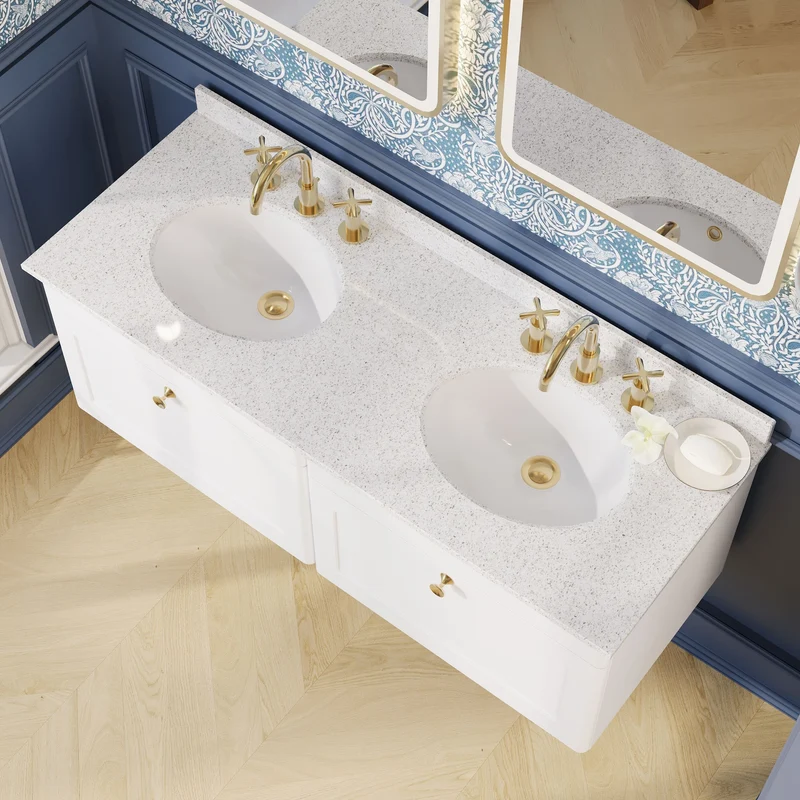 Classique 1200mm Wall Hung Vanity Unit With 2 Drawers With White Marble Worktop With 2 Round Basins - Satin White