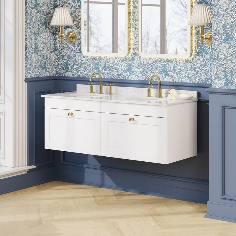 Classique 1200mm Wall Hung Vanity Unit With 2 Drawers With White Marble Worktop With 2 Round Basins - Satin White