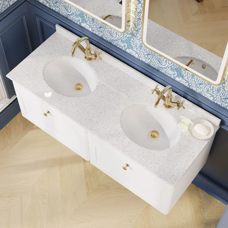 Classique 1200mm Wall Hung Vanity Unit With 2 Drawers With White Marble Worktop With 2 Round Basins - Satin White