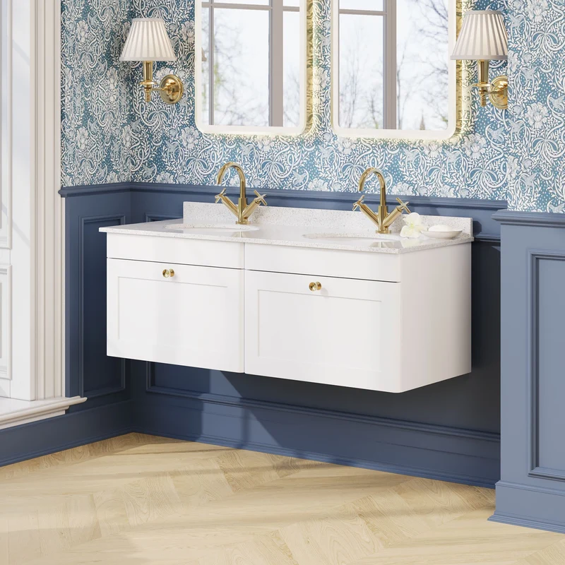 Classique 1200mm Wall Hung Vanity Unit With 2 Drawers With White Marble Worktop With 2 Round Basins - Satin White