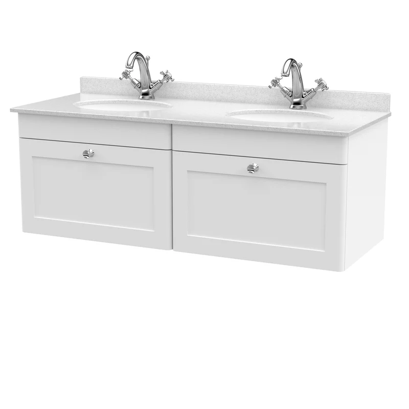 Classique 1200mm Wall Hung Vanity Unit With 2 Drawers With White Marble Worktop With 2 Round Basins - Satin White