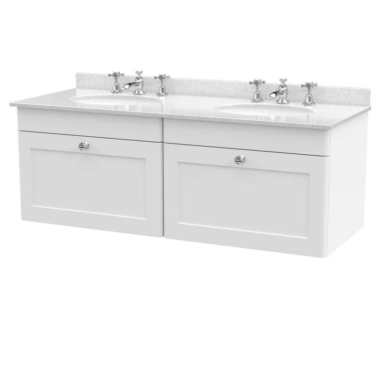 Classique 1200mm Wall Hung Vanity Unit With 2 Drawers With White Marble Worktop With 2 Round Basins - Satin White