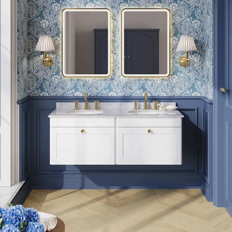 Classique 1200mm Wall Hung Vanity Unit With 2 Drawers With Grey Marble Worktop With 2 Round Basins - Satin White