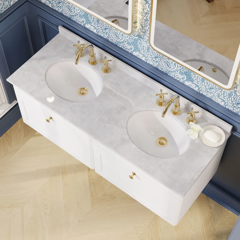 Classique 1200mm Wall Hung Vanity Unit With 2 Drawers With Grey Marble Worktop With 2 Round Basins - Satin White
