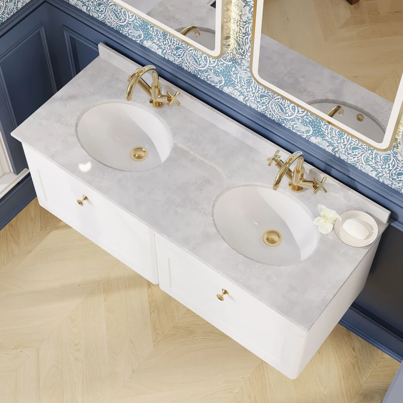 Classique 1200mm Wall Hung Vanity Unit With 2 Drawers With Grey Marble Worktop With 2 Round Basins - Satin White