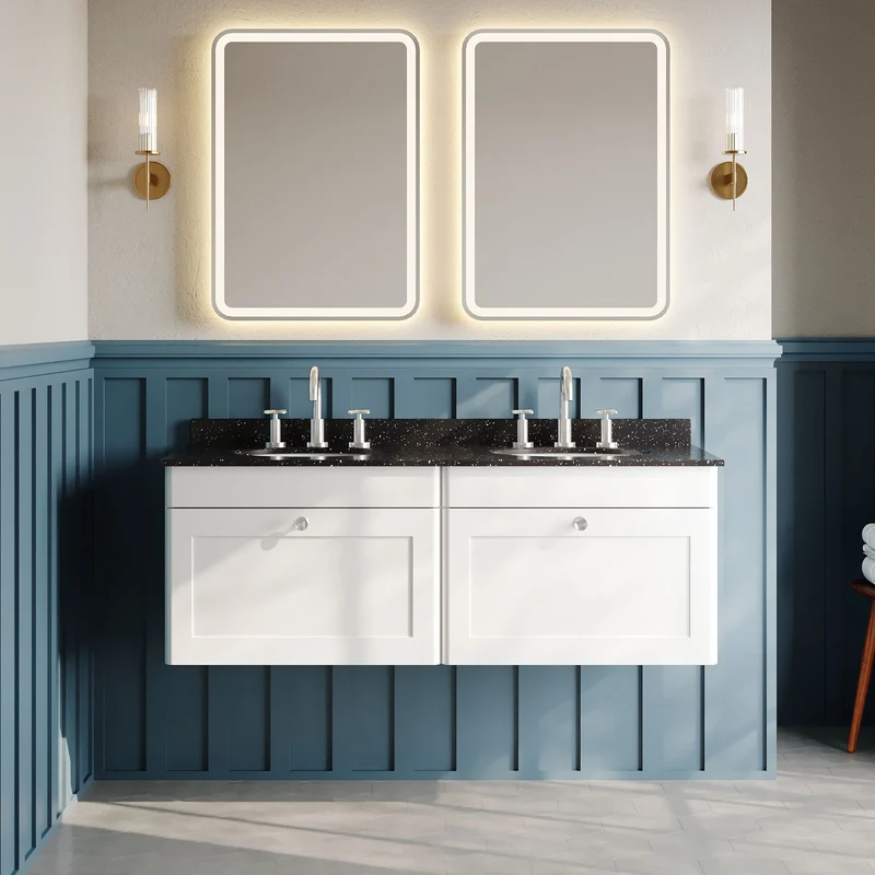 Classique 1200mm Wall Hung Vanity Unit With 2 Drawers With Black Marble Worktop With 2 Round Basins - Satin White