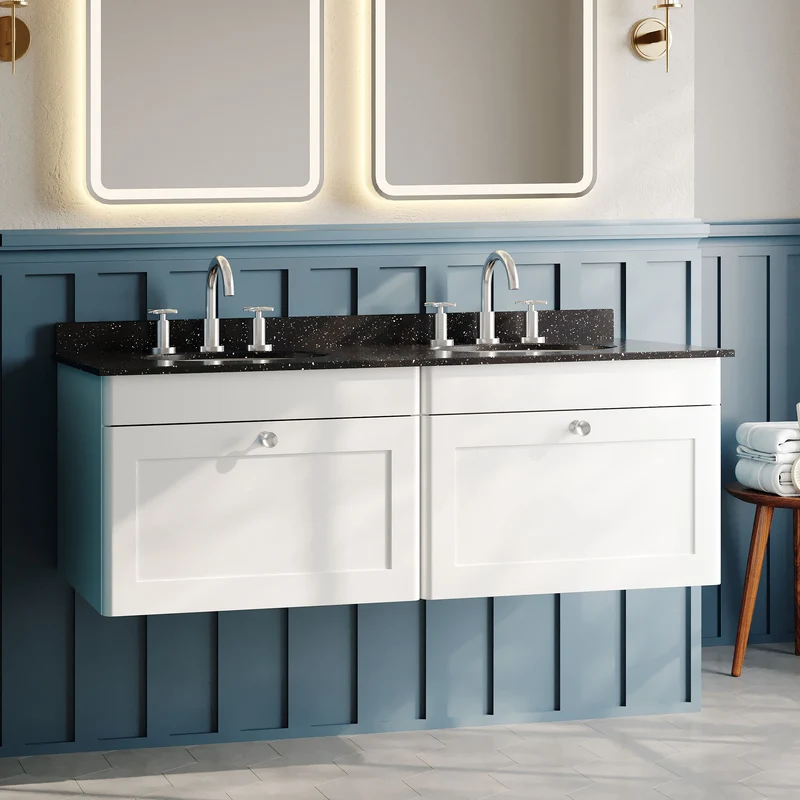 Classique 1200mm Wall Hung Vanity Unit With 2 Drawers With Black Marble Worktop With 2 Round Basins - Satin White