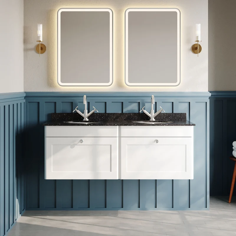 Classique 1200mm Wall Hung Vanity Unit With 2 Drawers With Black Marble Worktop With 2 Round Basins - Satin White