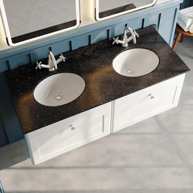 Classique 1200mm Wall Hung Vanity Unit With 2 Drawers With Black Marble Worktop With 2 Round Basins - Satin White