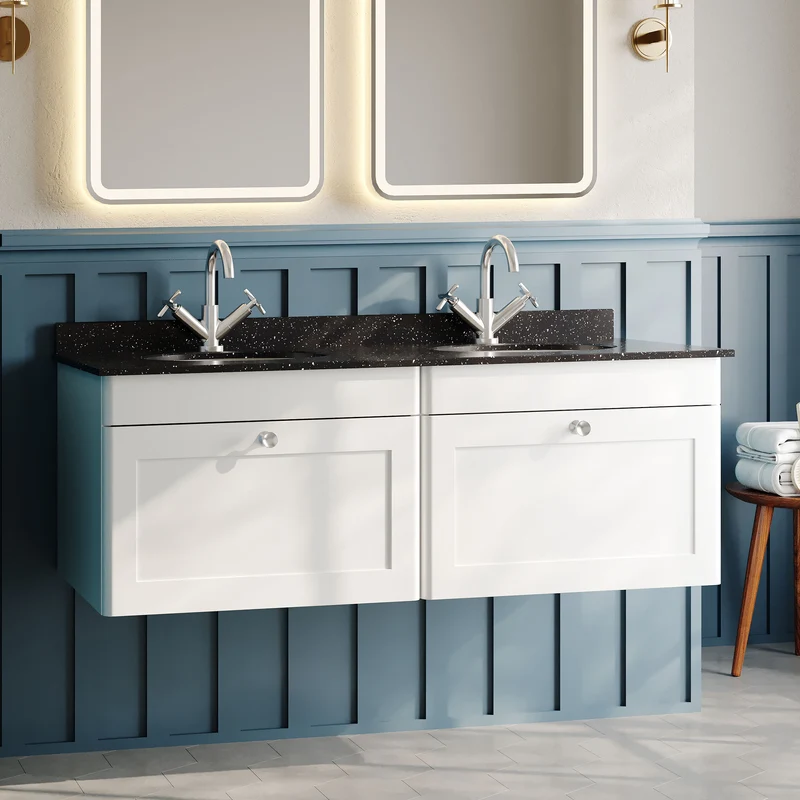 Classique 1200mm Wall Hung Vanity Unit With 2 Drawers With Black Marble Worktop With 2 Round Basins - Satin White