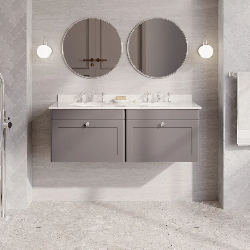 Classique 1200mm Wall Hung Vanity Unit With 2 Drawers With White Marble Worktop With 2 Round Basins - Satin Grey