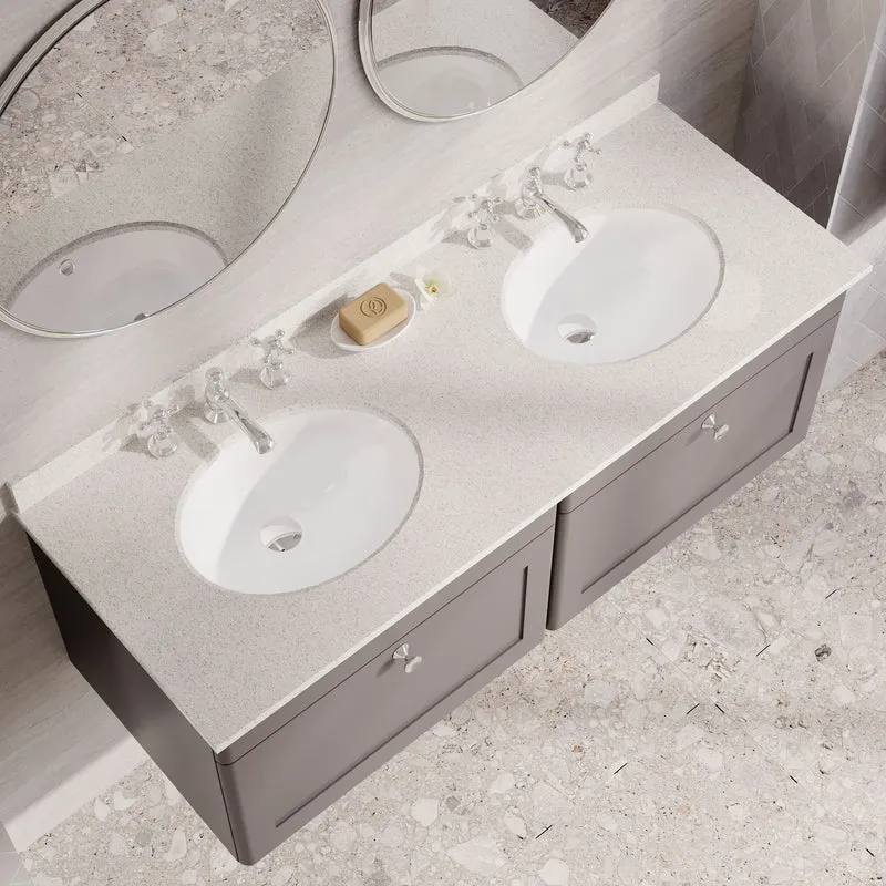 Classique 1200mm Wall Hung Vanity Unit With 2 Drawers With White Marble Worktop With 2 Round Basins - Satin Grey
