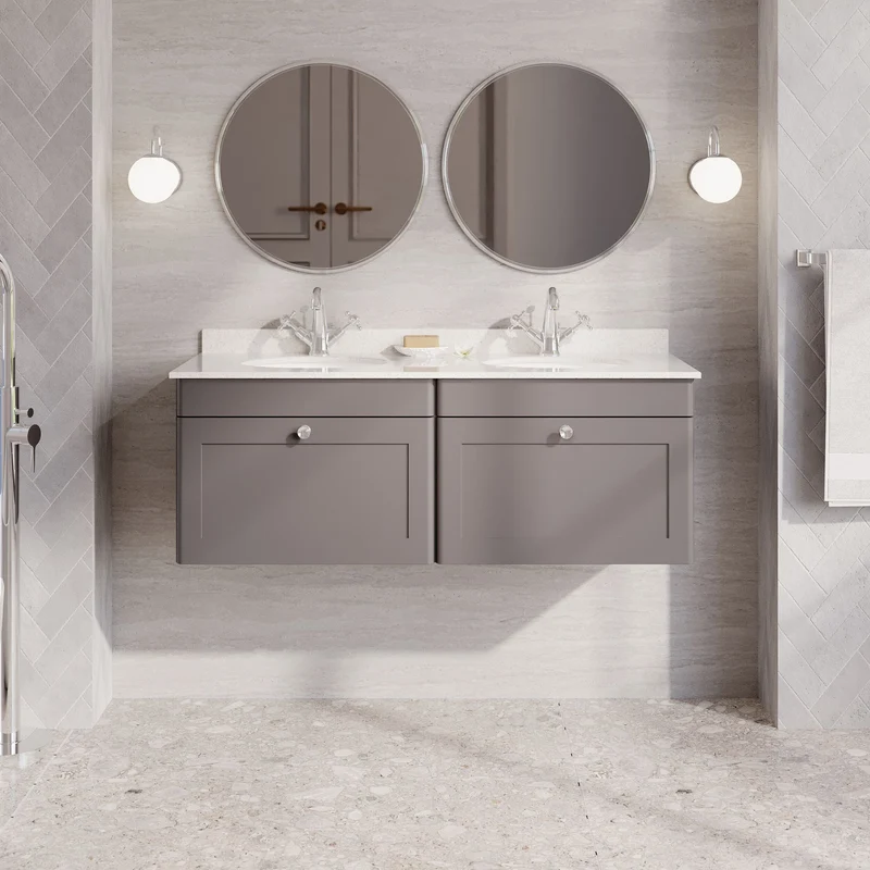 Classique 1200mm Wall Hung Vanity Unit With 2 Drawers With White Marble Worktop With 2 Round Basins - Satin Grey
