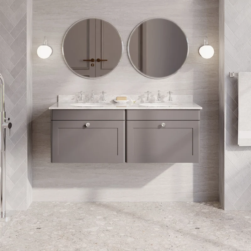 Classique 1200mm Wall Hung Vanity Unit With 2 Drawers With Grey Marble Worktop With 2 Round Basins - Satin Grey