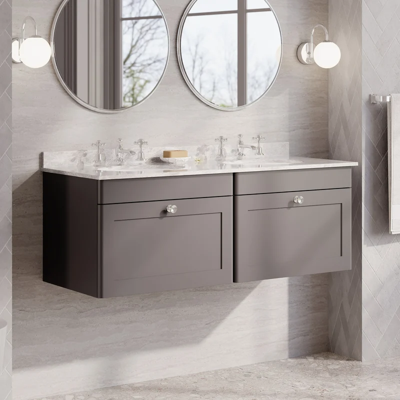 Classique 1200mm Wall Hung Vanity Unit With 2 Drawers With Grey Marble Worktop With 2 Round Basins - Satin Grey
