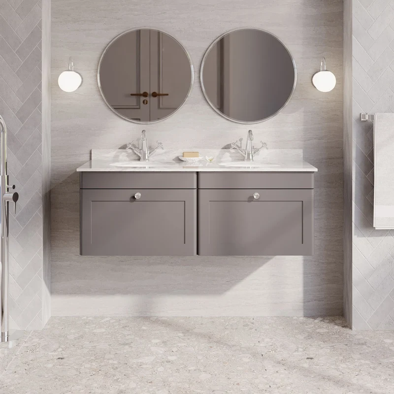 Classique 1200mm Wall Hung Vanity Unit With 2 Drawers With Grey Marble Worktop With 2 Round Basins - Satin Grey
