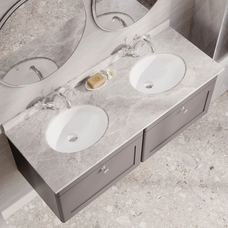 Classique 1200mm Wall Hung Vanity Unit With 2 Drawers With Grey Marble Worktop With 2 Round Basins - Satin Grey