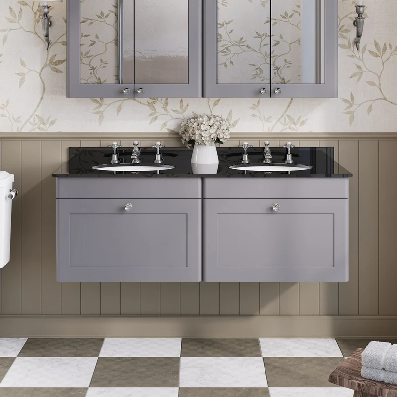 Classique 1200mm Wall Hung Vanity Unit With 2 Drawers With Black Marble Worktop With 2 Round Basins - Satin Grey