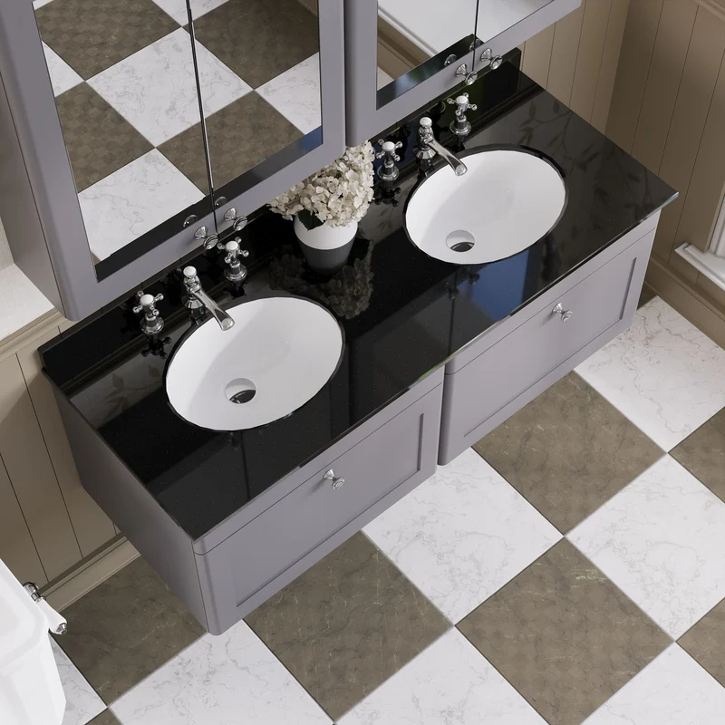 Classique 1200mm Wall Hung Vanity Unit With 2 Drawers With Black Marble Worktop With 2 Round Basins - Satin Grey