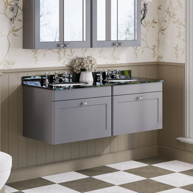 Classique 1200mm Wall Hung Vanity Unit With 2 Drawers With Black Marble Worktop With 2 Round Basins - Satin Grey