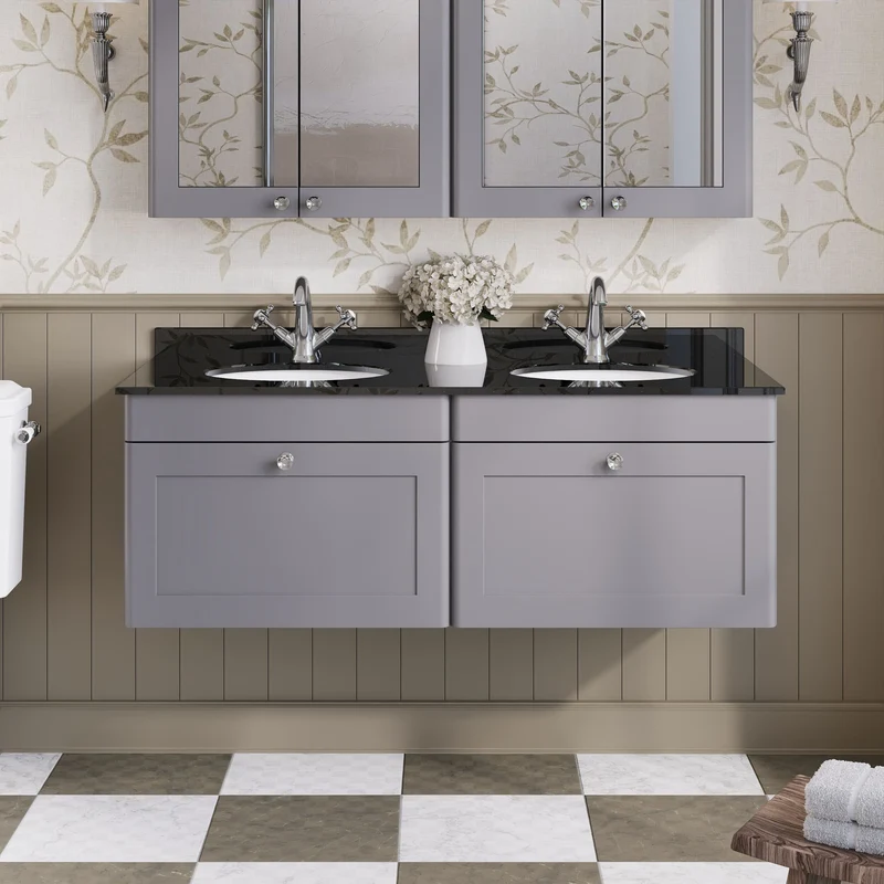 Classique 1200mm Wall Hung Vanity Unit With 2 Drawers With Black Marble Worktop With 2 Round Basins - Satin Grey
