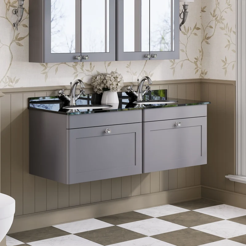 Classique 1200mm Wall Hung Vanity Unit With 2 Drawers With Black Marble Worktop With 2 Round Basins - Satin Grey